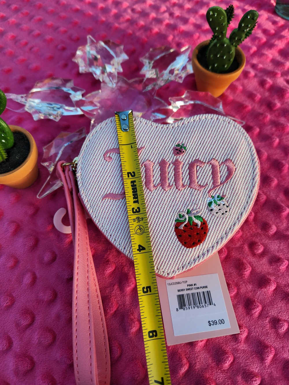Juicy Couture Pink Heart Wristlet Coin Purse with Strawberry Embroidery - Picture 5 of 7